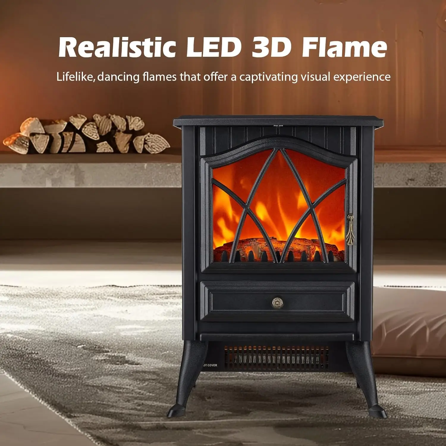 Fogão elétrico autônomo, 1500W com chama LED 3D realista, brilho e termostato ajustáveis, 2 configurações de calor, O