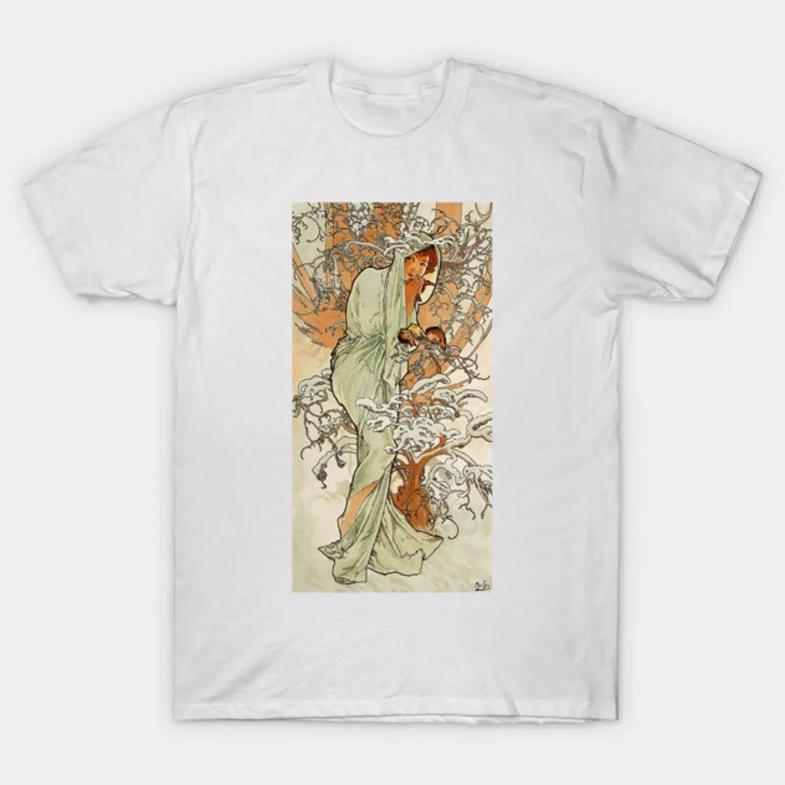 Winter 1896 by Alphonse Mucha His First Seasons Series T Shirt vintage Washed homme Top For Everyday Wear Versatile Unisex