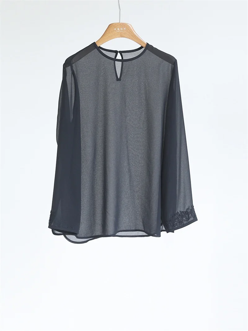 

Элегантная женская футболка-рубашка с китайской вышивкой, длинным рукавом, дышащая, легкая, из полиэстера, повседневная, с круглым вырезом