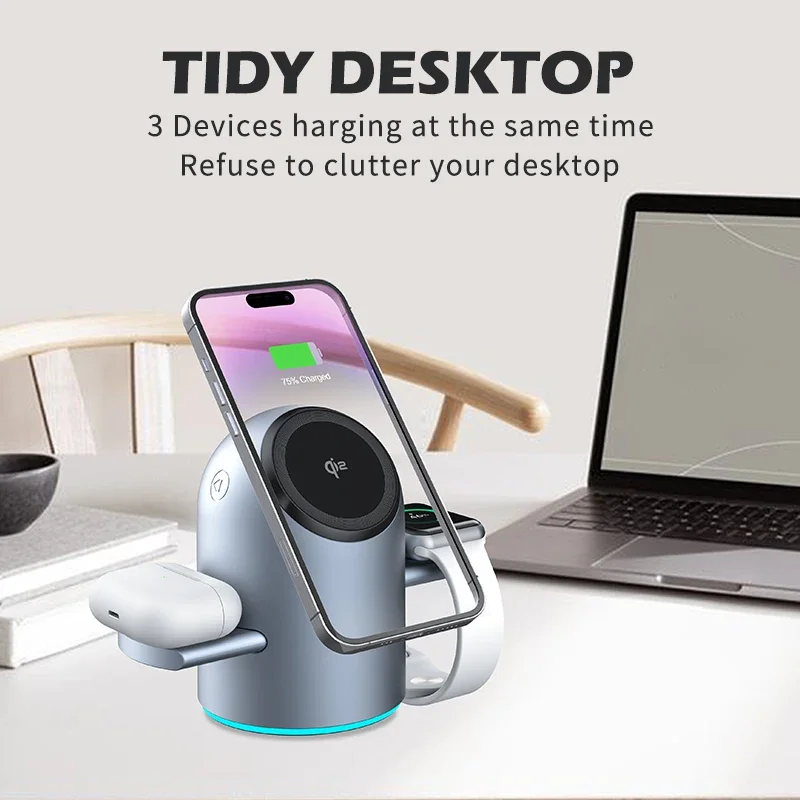 Qi2 15W 3 in 1 Wireless Charging Station with Auto Rotation, Magnetic Fast Charger for IPhone16/15/14/13 Pro Max IWatch AirPods
