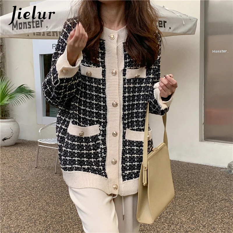 

Office Lady Plaid Sweater Coat Women Retro Loose Long-sleeved Single Breasted Knitted Cardigan Pocket O-neck Top Sweaters