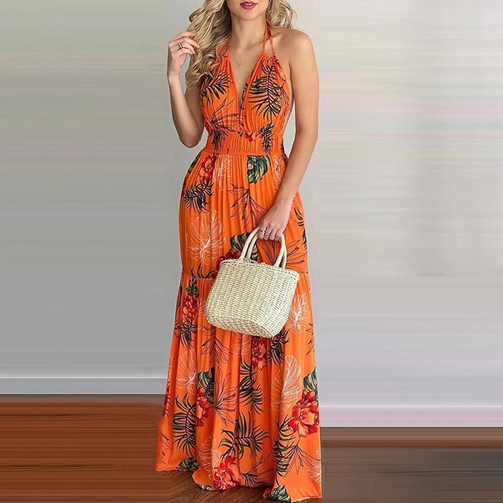 Women Tropical Print Halter Backless Maxi Dress Sexy Sleeveless Deeep V Beach Dress Chic Elegant Ruffles Pleated Dress Vestidos