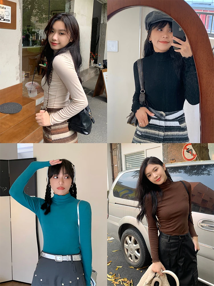 

Женский облегающий трикотажный топ NIDEBLA с высоким воротником, корейский стиль, осенний, модный