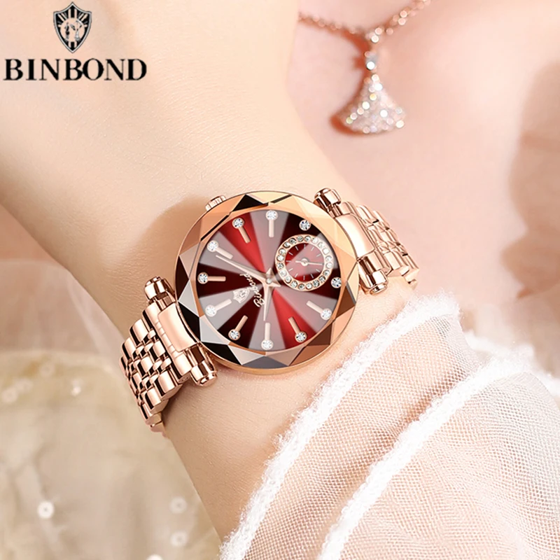 BINBOND New Fashion Business Women Quartz Watches Heart Of The Ocean Design Waterproof Luminous Diamond Casual Date Lady Watches