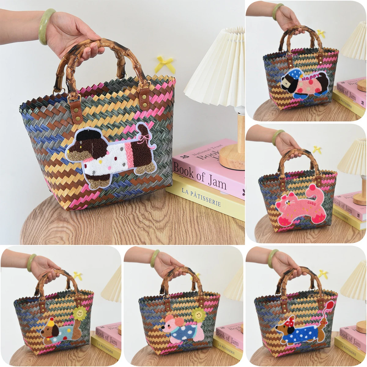 

Retro Striped Dachshund Dog Women's Woven Bag Handbag Nylon Rope Pendant Tote Bag Hand Rattan Weave Bag Beach Bag
