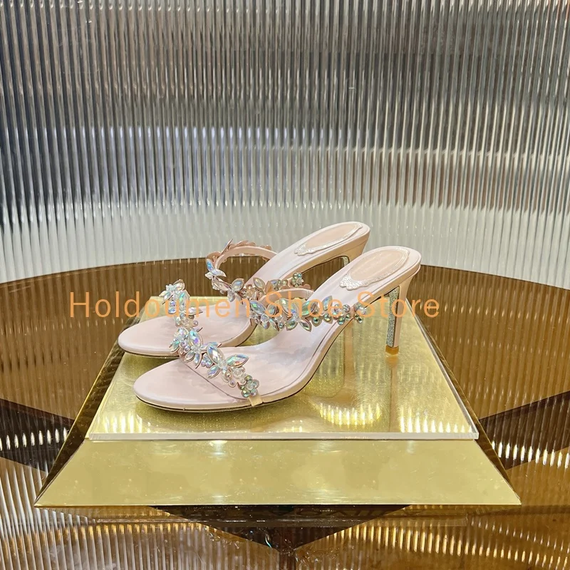 

Colorful Rhinestone Staggered Butterfly Flower Grain Pearl Stiletto Sandals Elegant Double Strap Slip On Wedding Party Slippers