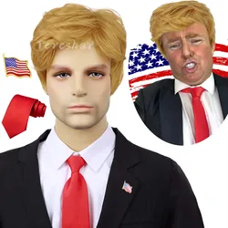 Synthetic Blonde Wig for Costume Mens Layered Heat Resistant Pixie Cut Wigs Famous People Cosplay Wigs, Red Baseball Hat