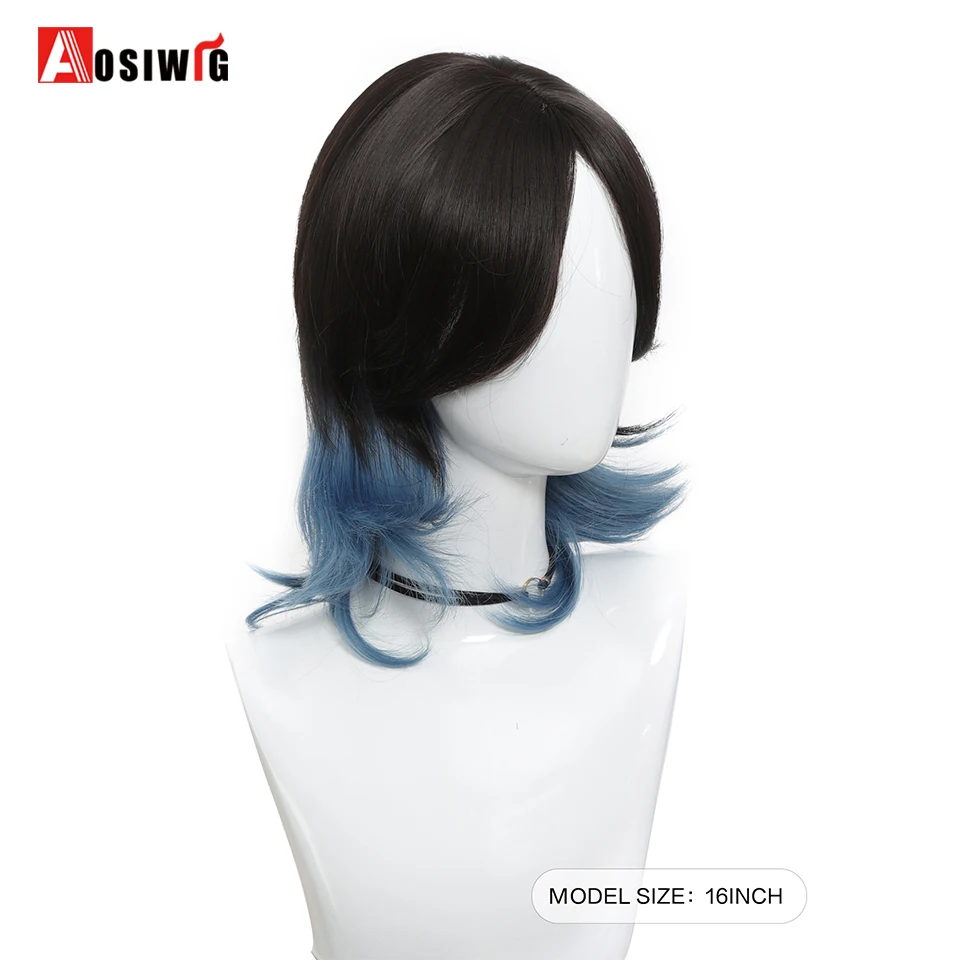 Synthetic Black Gradient Blue Anime Wolf Tail Samurai Head Wig Medium Parting Short Hairstyle Daily Fluffy Natural Mullet Head W