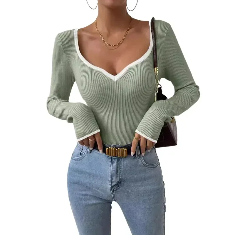 Women's V-neck Striped Contrasting Wide Knitwear When Fitting Fashion Blouse