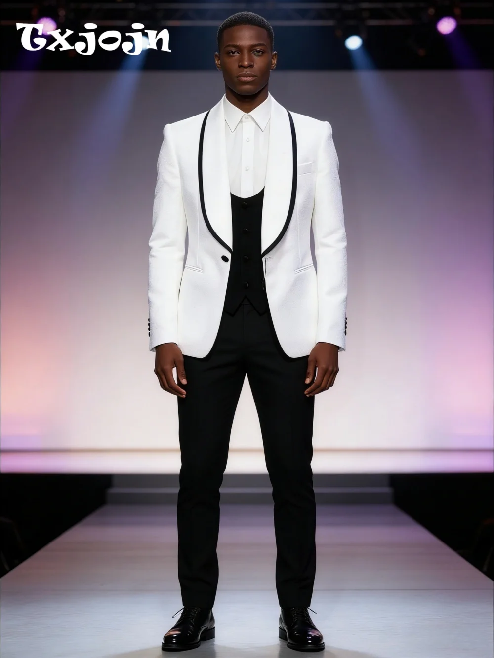 Trendy White Patterned Men Three Piece Suit Black Trim Lapel Single Breasted Groom Wedding Formal Tuxedo Classy Party Prom