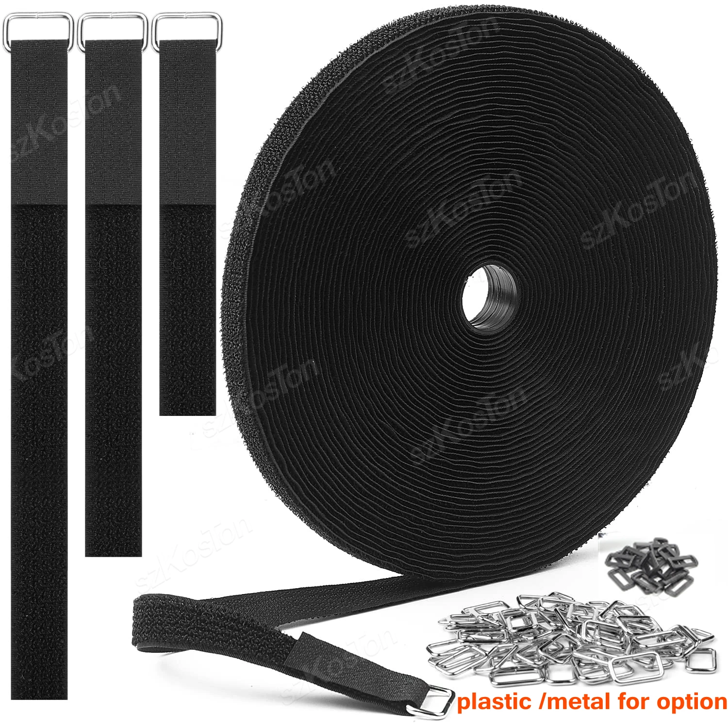 Adjustable 10/5m Cable Straps with 25/50 Buckles Free Cut Black Reusable Fastening Hook Loop Tie Securing Strip Cord Organizer