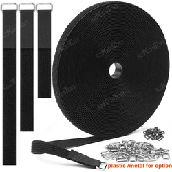 Adjustable 10/5m Cable Straps with 25/50 Buckles Free Cut Black Reusable Fastening Hook Loop Tie Securing Strip Cord Organizer