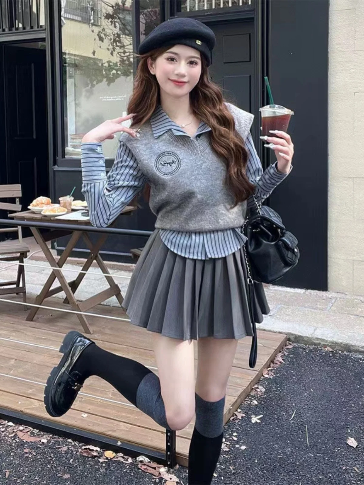 Faionable Knitted Set for Women High Waist Pleated Skirt Long Sve Striped irt Autumn New Sle College Wind Ensemble