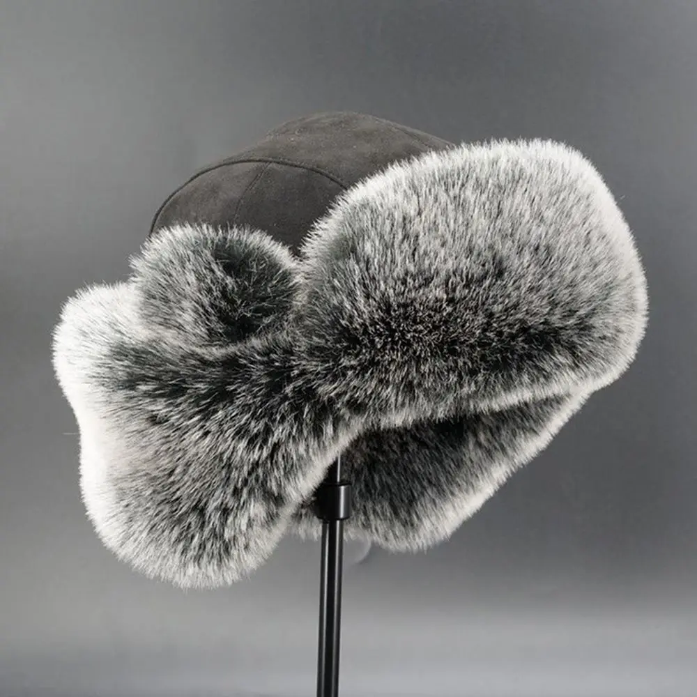 Women Men\'s Trapper Hat Ski Cap Ushanka Russian Cossack Faux Fur Earflap Suede Leather Warm Winter Bomber Hats Earflap Bonnet