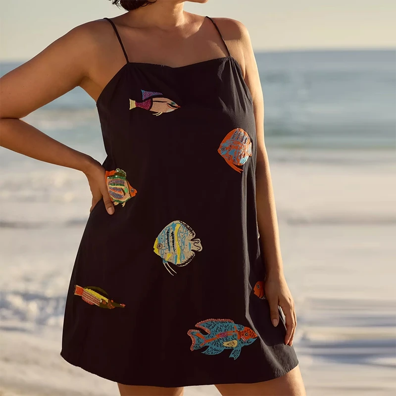 Women Graffiti Mini Cami Dress Boho Graphic Spaghetti Strap A-Line Short Dress Sleeveless Cute Summer Boho Beach Sundress