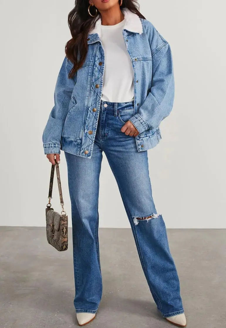 Denim Coats Women Coat Casual Loose Turn Down Collar Single Breasted Y2k Streetwear Mom Jeans Splice Thick Jackets Autumn Winter
