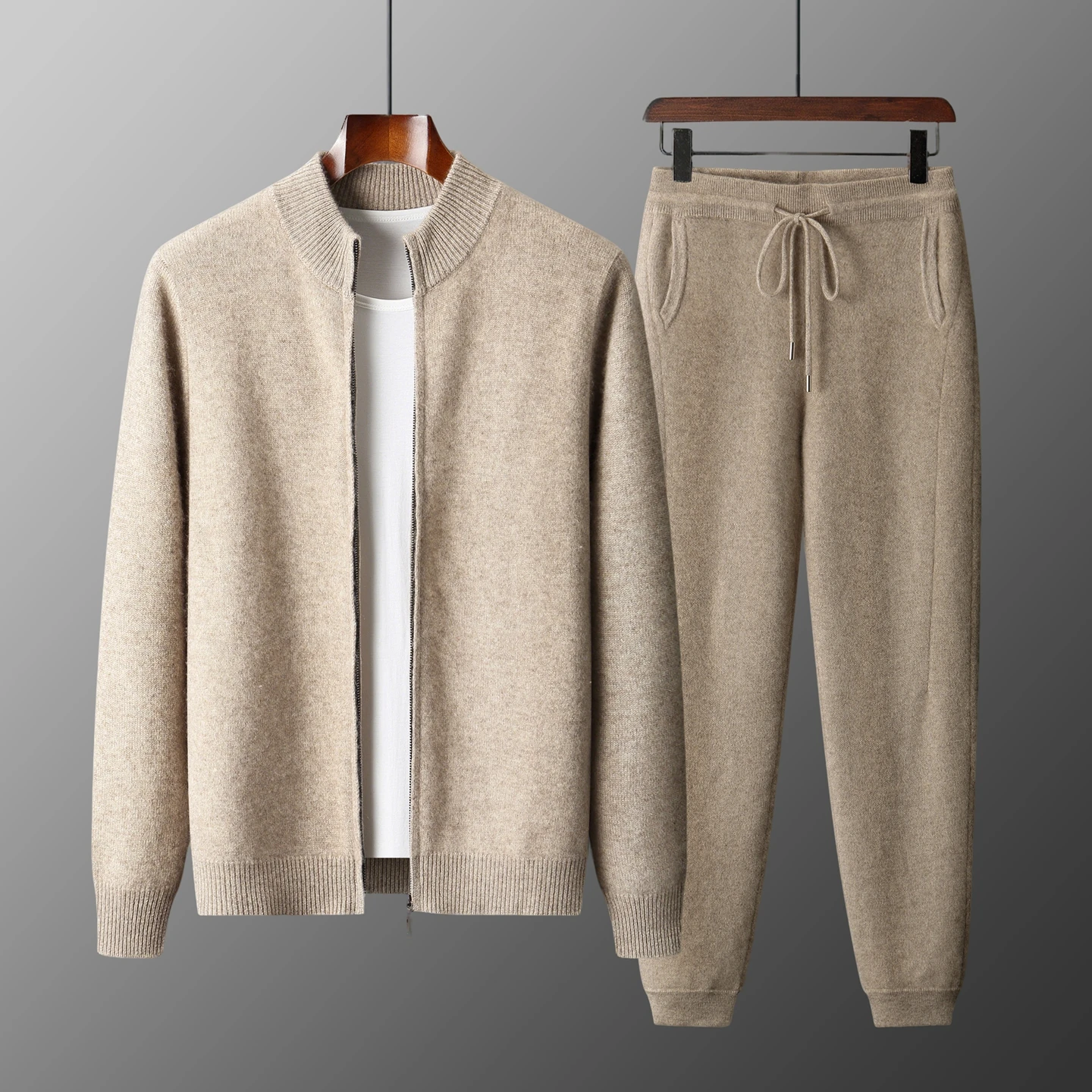 100% Merino Wool Trousers & Sweater Men Set Autumn Winter Thick Zipper Cardigan Jacket & Pencil Pants Wool Set 2 Pieces for Man