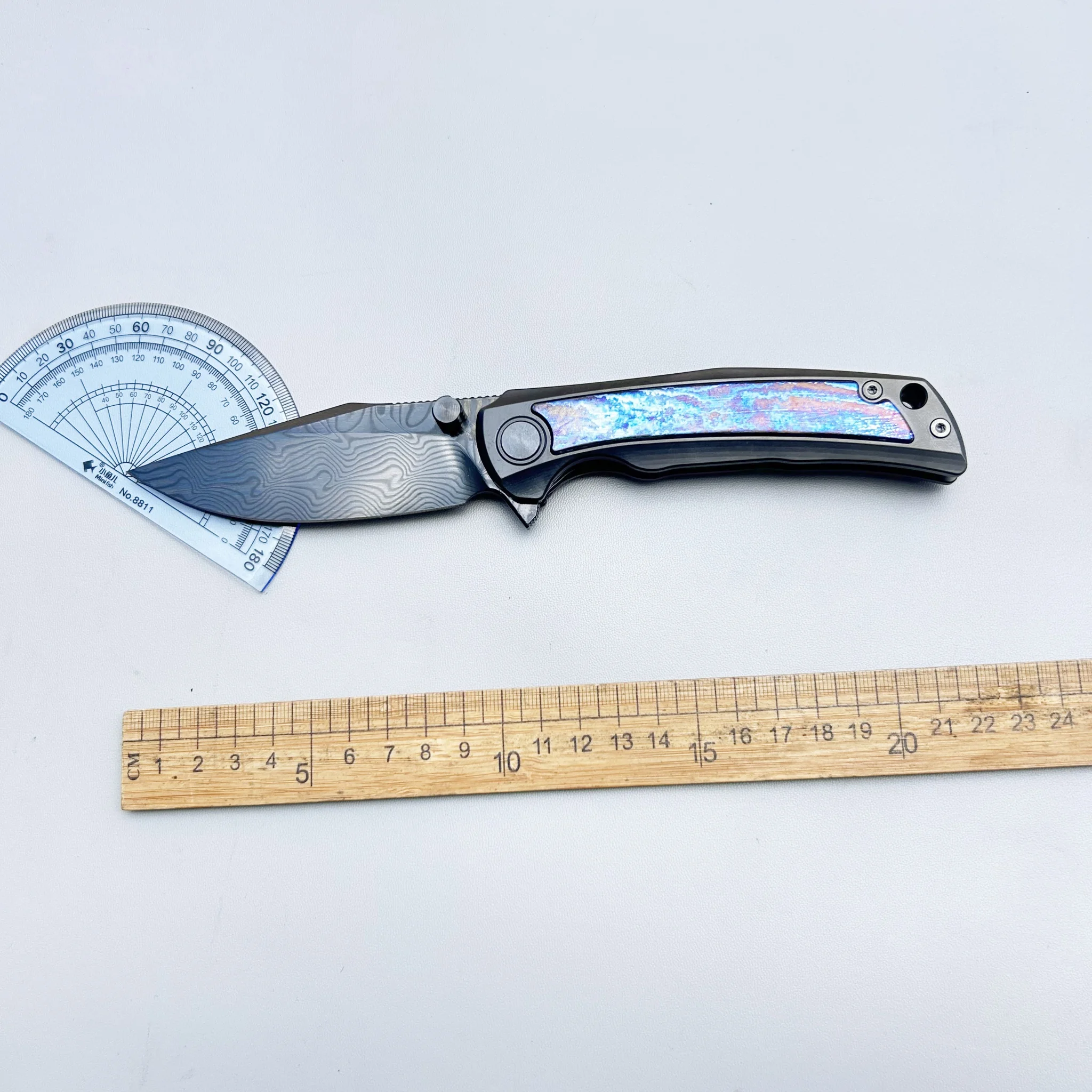 Titanium Damascus Inlaid TC4 Handle Folding Knife DLC Coated RWL34 PMC27 Damascus Steel Titanium Clip 185g Daily Carry EDC Tool