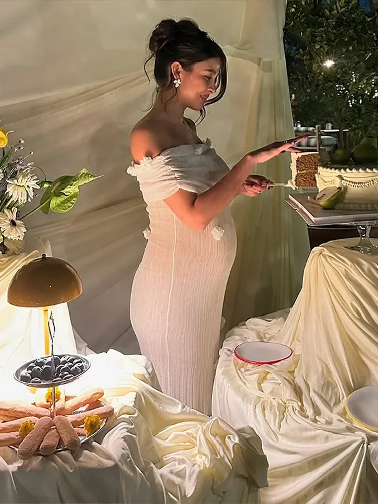 Woman 3D Floral Off Shoulder Dress Strapless Pleated Solid Color Robes Sleeveless Elegant Fashion Slim Women's Long Maxi Dress