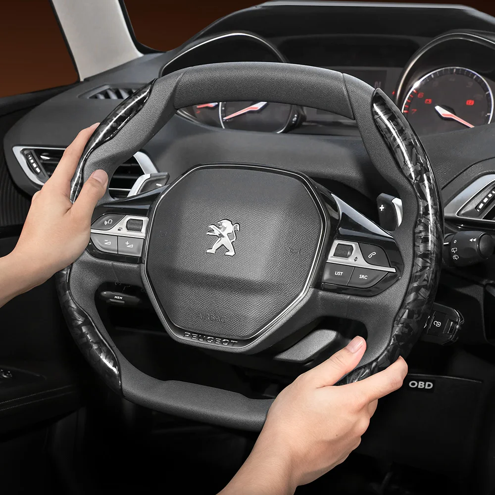 Suitable for Peugeot Forged Carbon Fiber Texture Steering Wheel Cover, Protective and Durable, Snap-On Quick Installation for 208 E-208 2008 E-2008 3008 E-3008 Partner Rifter 308 E-308 408 408X 5008 Black Red Gold