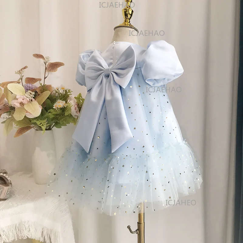2026 New Baby First Birthday Dress Children Korean Light Blue Girl Princess Tutu Dresses Puff Sleeve Party Gown Fashion Flower