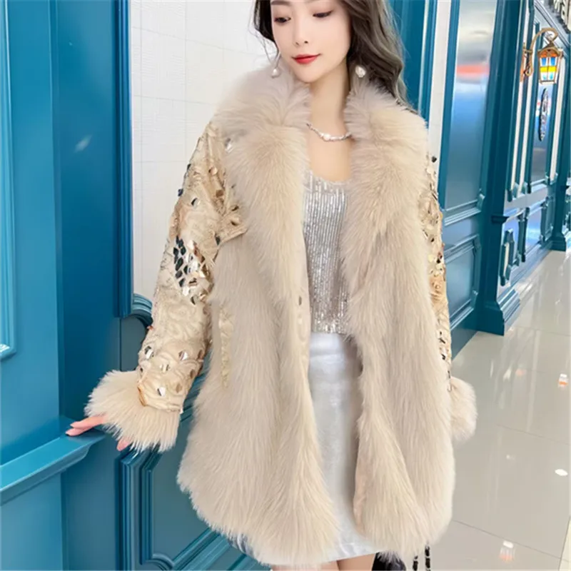 Jaket Slim Bulu Imitasi Serbaguna Fashion Panjang Sedang Terintegrasi Wanita Elegan Pakaian Musim Dingin 2025 Mantel Bulu Imitasi Payet Wanita