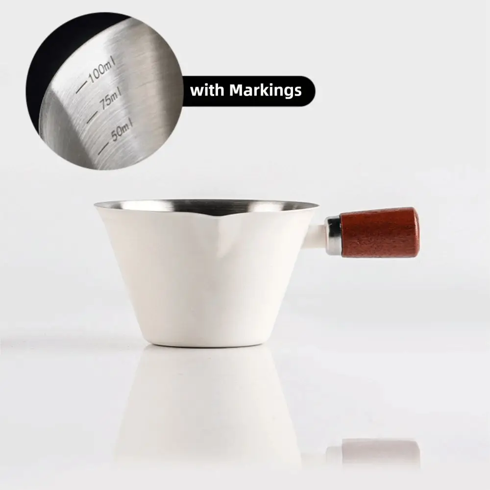 Wooden Handle Coffee Espresso Cup 304 Stainless Steel V-shaped Spout Coffee Measuring Cup Durable 100ML Coffee Extract Cup
