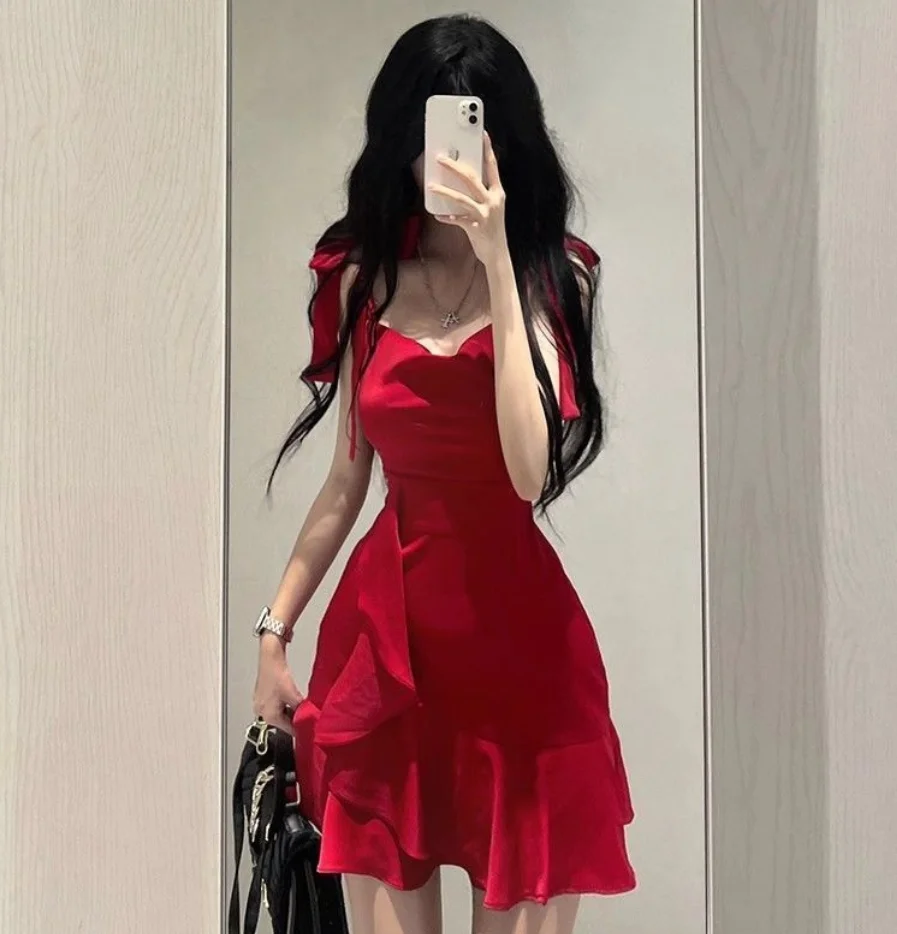 Vestido Midi Sexy elegante para mujer, vestido francés con borde con volantes, vestido informal con tirantes y cordones, vestido ajustado para fiesta, vestido acampanado 2025