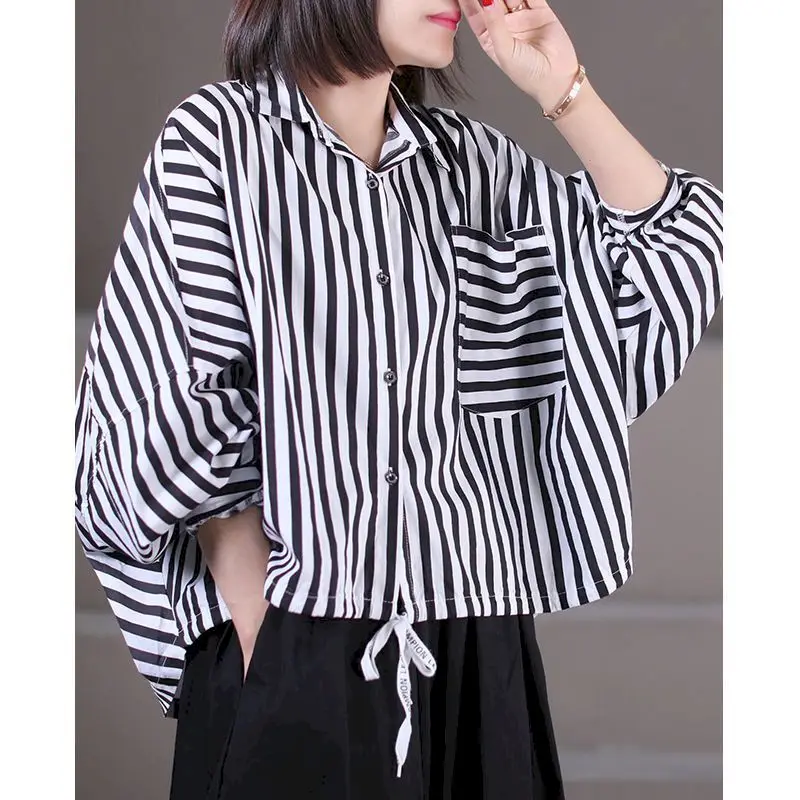 

Korean Loose Shirts Women Art Black White Stripe Patched Lace Long Sleeve Bat Shirt Spring Summer Trend Thin Oversized Shirts