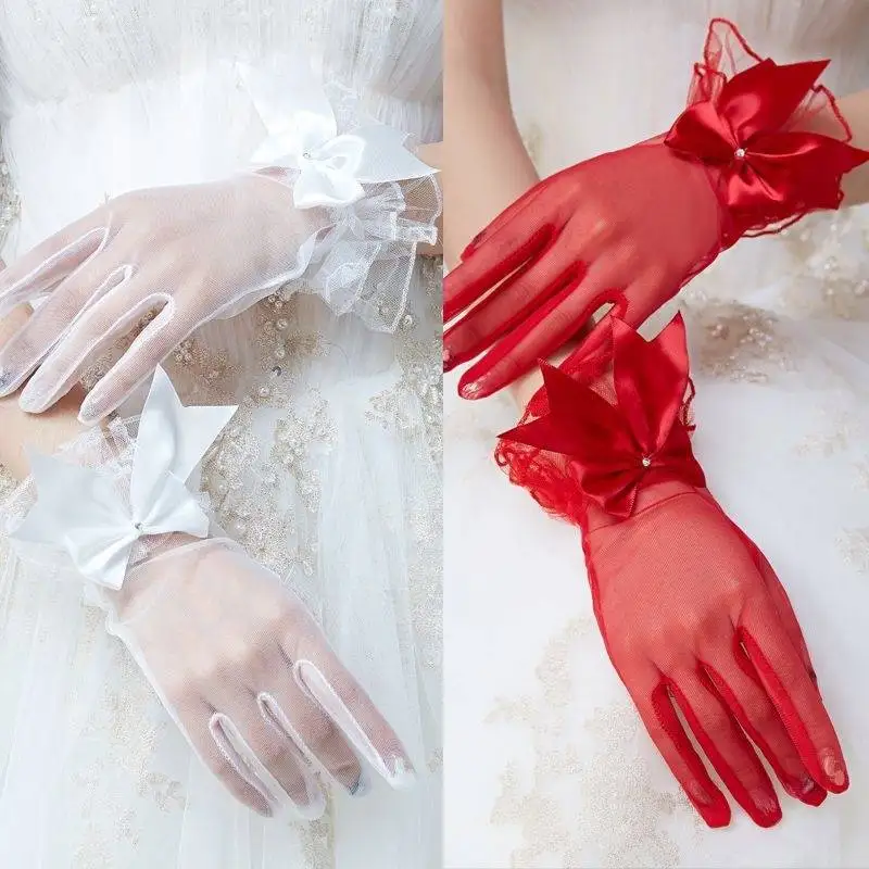 

Short mesh gloves bridal wedding gloves lace five-finger flower gloves bag-finger wedding dress gloves