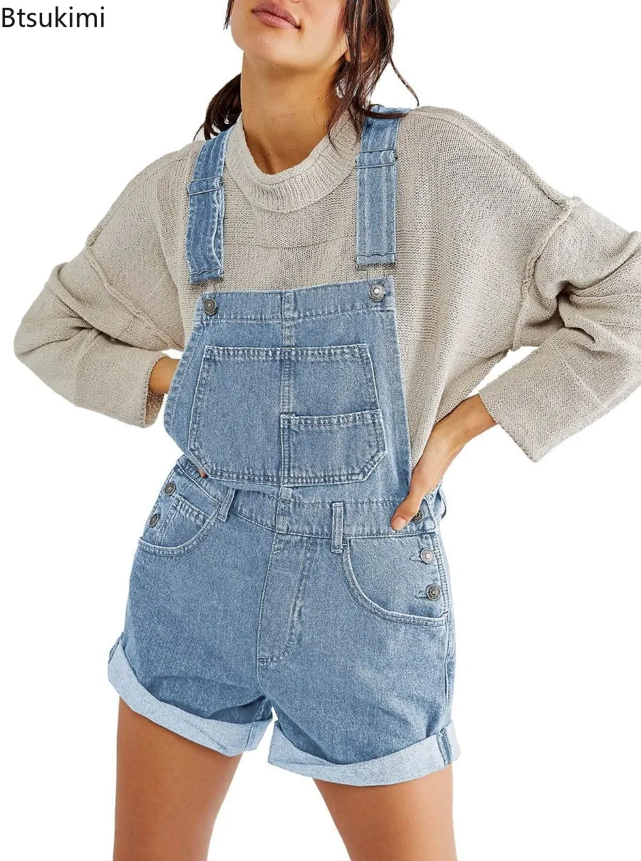 2025 New Women's Summer Fashion Denim Overalls Jumpsuit Solid Color Loose Commuter Multi-pocket Cuffed Denim Shorts Jumpsuit