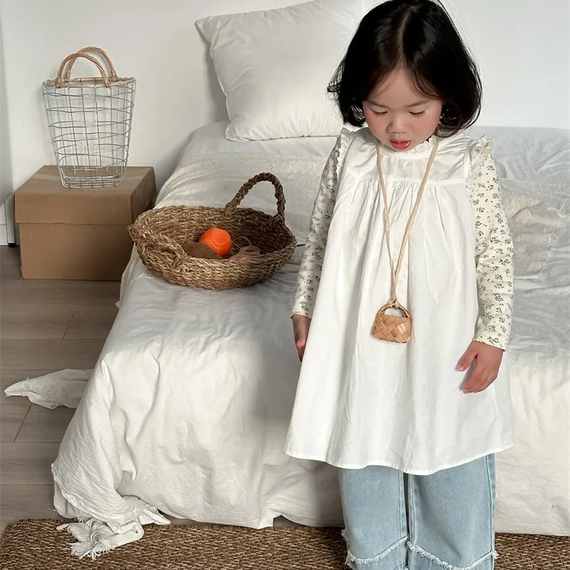 

2025Spring New Children's Solid Color Lace Sleeveless Dress Sweet Cotton Dress for Girls