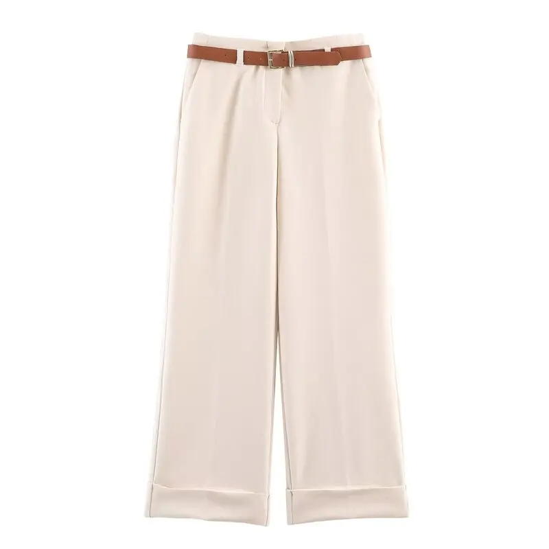 High Waist Straight Leg Cuffed Pants Women's Faion Spring 2026 New Arrival Belted Casual Trousers Ladies Premium Quali