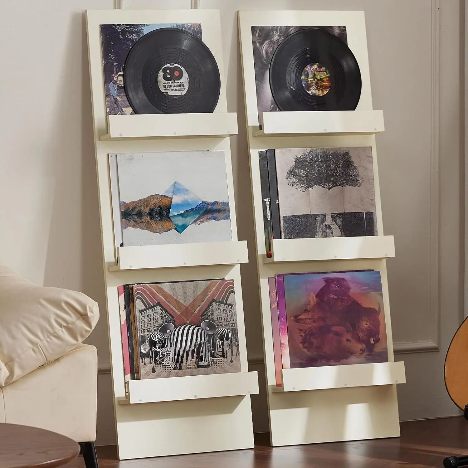 

Wall-Leaning Vinyl Record Holder Set of 2 with 3 Tier Display Shelf, 47.5'' Tall Record Storage Magazine Holder, Vinlys