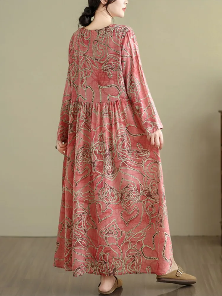 Damska sukienka oversize w paski i kwiaty na wiosnę i jesień, modna, luźna, z falbankami i plisami, codzienna długa sukienka damska.