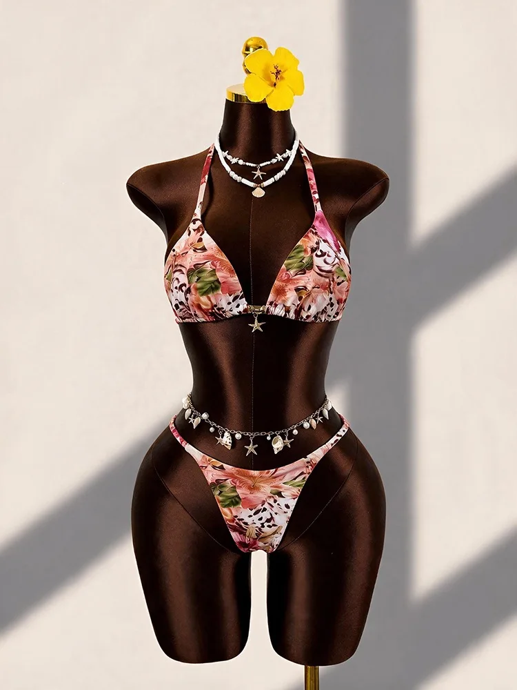 Tropical Floral Leopard Print Bikini Women Halter Triangle Cup Starfish Decor Tie Two Piece Swimsuit