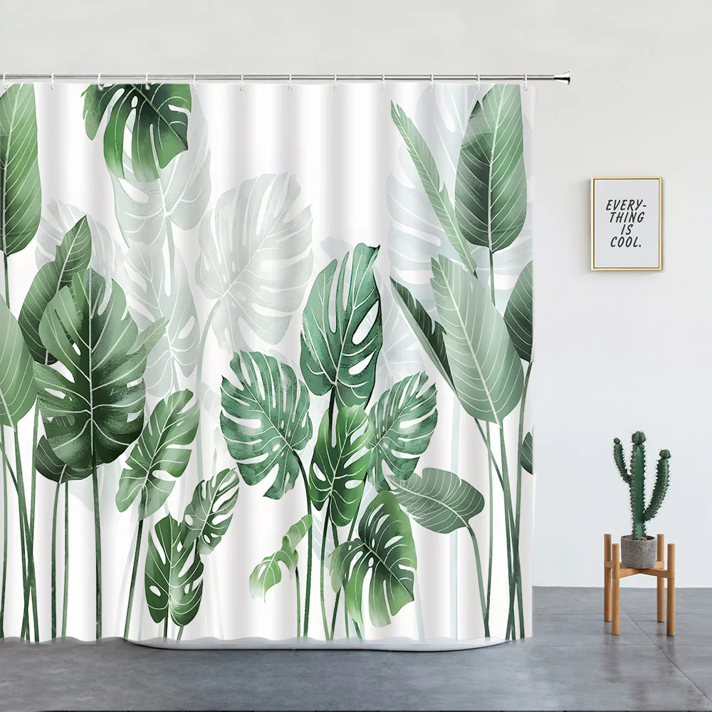 Tropical Plants Leaves Shower Curtain Watercolor Monstera Plantain Palm Leaf Orchid Print Fabric Bathroom Decor Curtains Hooks