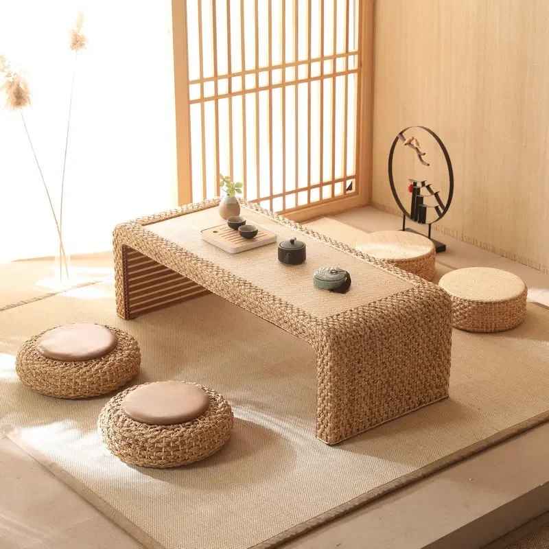 Rattan Tatami Tea Table Low Floating Window Balcony Sitting Table Minimalist Floor Table Handcrafted Woven Coffee Tables