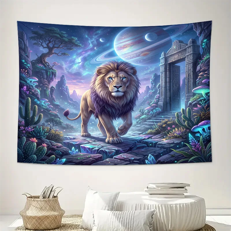 Cosmic Lion Galaxy Curtain Wall Hanging Sci-Fi Space Fantasy Nebula Bohemian Universe Window Decor Treatment for Home