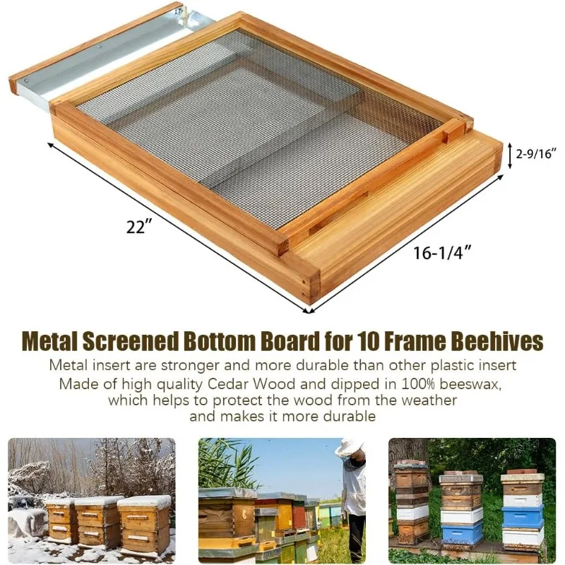 Langstroth Bee Hive Metal Screened Bottom Board Dipped in 100% Beeswax with Entrance Reducer, Screen Bottom Board for 10