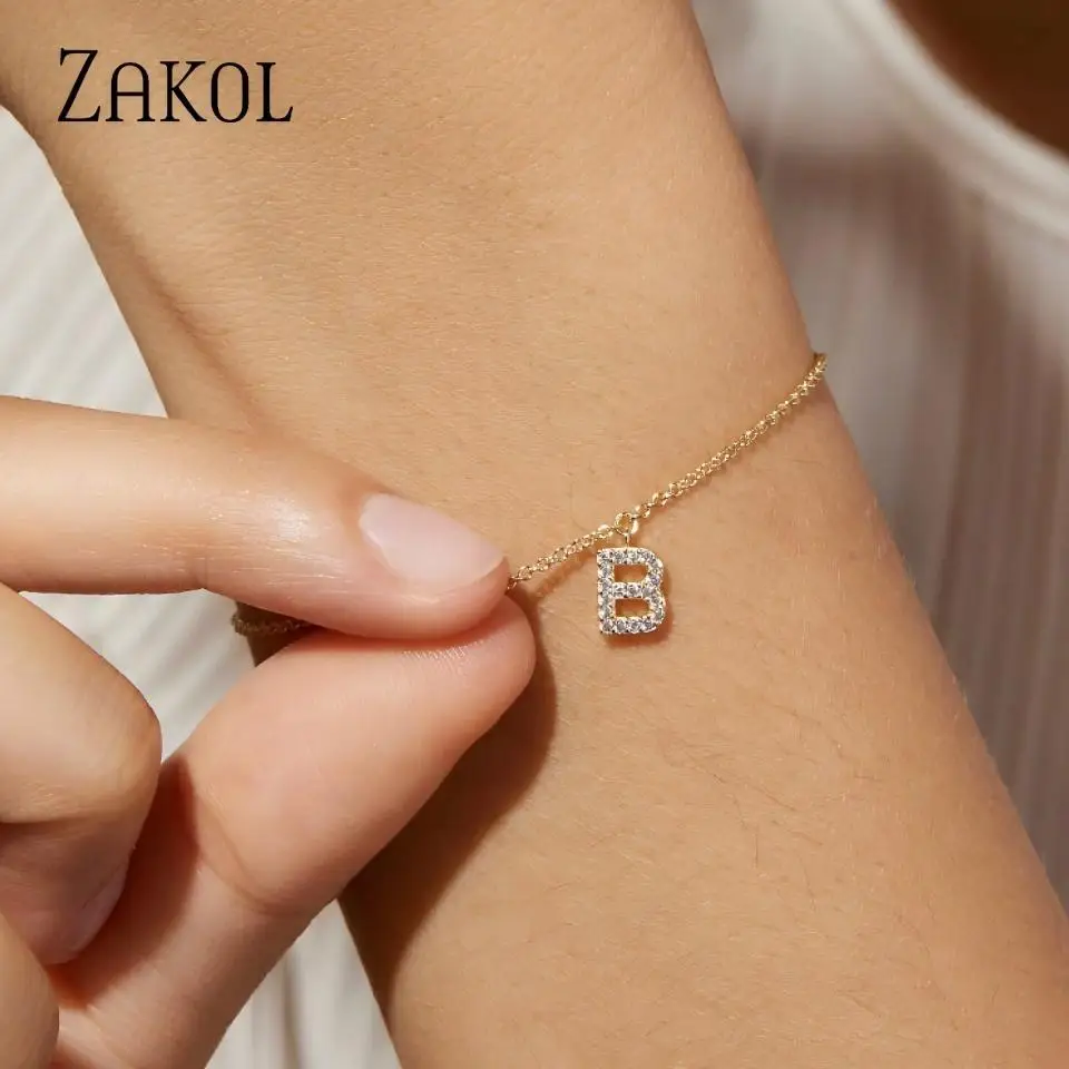 ZAKOL Minimalist A-Z Initial Letter Zirconia Bracelet For Women Dainty Stackable Alphabet Charm Chain Personalized Jewelry Gift