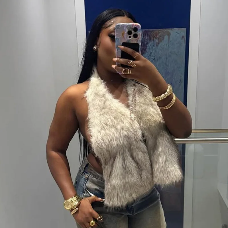 

DSMTRC 2025 Women's Furry Tank Tops Female Vests Midnight Party Clubwear Sexy Halter V-Neck Backless Bandage Sleeveless Crop Top