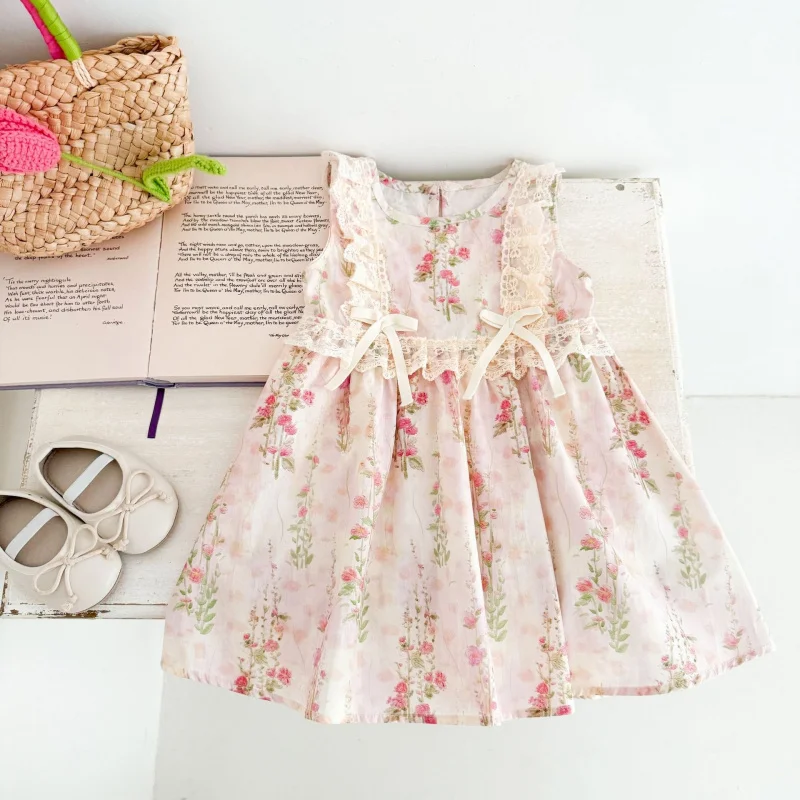 Summer Monet Garden Lace Strap Princess Dress Sweet Sleeveless Printed Dress for Little Girls and Toddlers