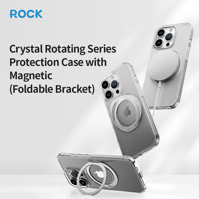 For iPhone 16 Pro Max Case Rock Space Transparent PC+TPU Slim Clear Cover With Magnetic Rotating Foldable Ring Stand Bracket