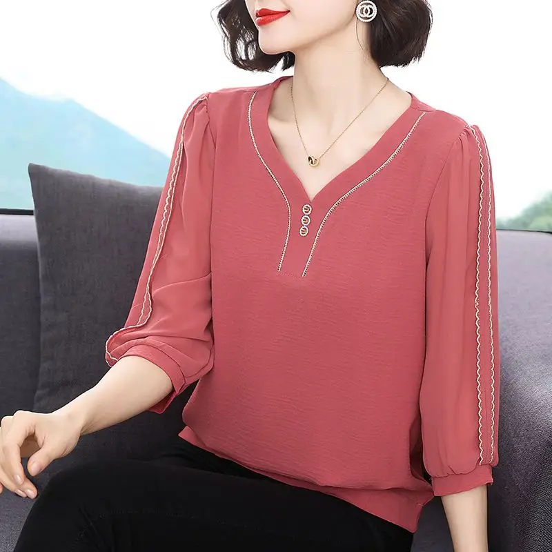 Elegant Casual V-Neck 3/4 Sleeve Chiffon Shirt Summer Women\'s Clothing Simplicity Loose Fashionable Solid Color Button Blouse