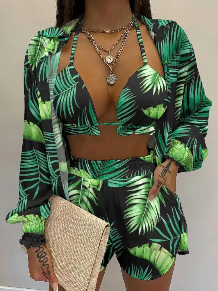 

2025 New Green Print High Waist Bikini Sets Swimsuit Women Sexy Lace Up Three Pieces Swimwear Beachwear For Bathing Suit