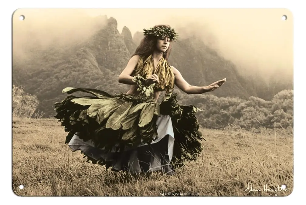 Pacifica Island Art Swaying Skirt - Hawaiian Hula Dancer in Ti Leaf Skirt - Vintage Hand Colored Photograph by Alan Houghton c.1