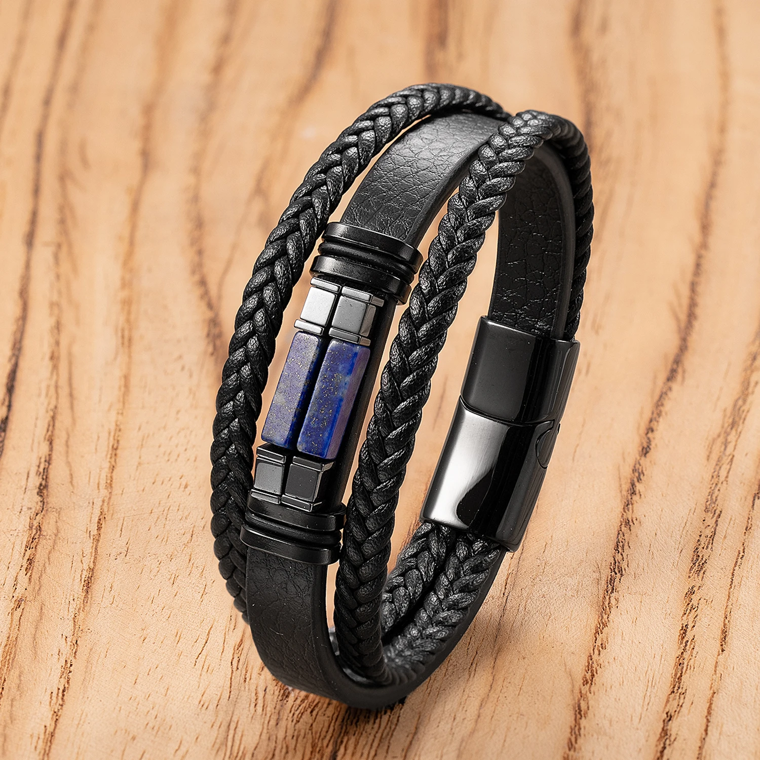 High Quality Accessories Bracelet Men\'s Fashion Gift Black Genuine Leather Bracelets Stone Combination Wild Handsome Gift
