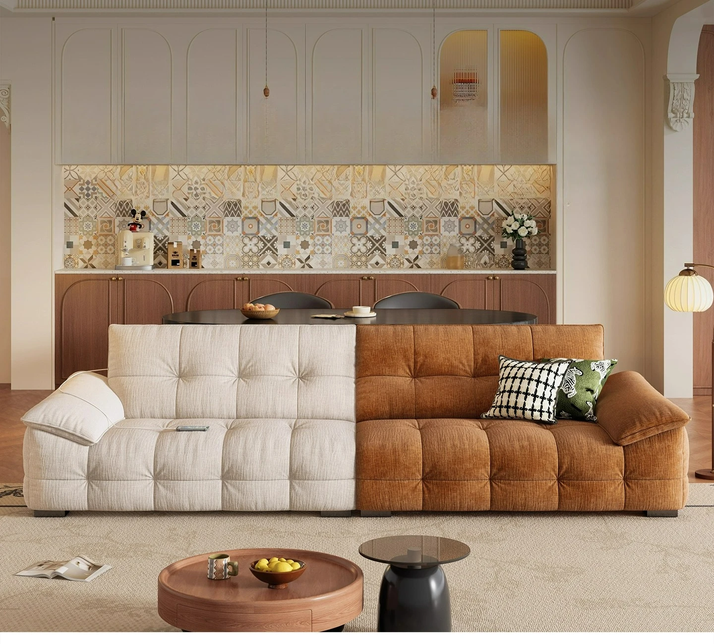 

LTT chenille fabric sofa living room small apartment retro cream wind cloud straight row sofa