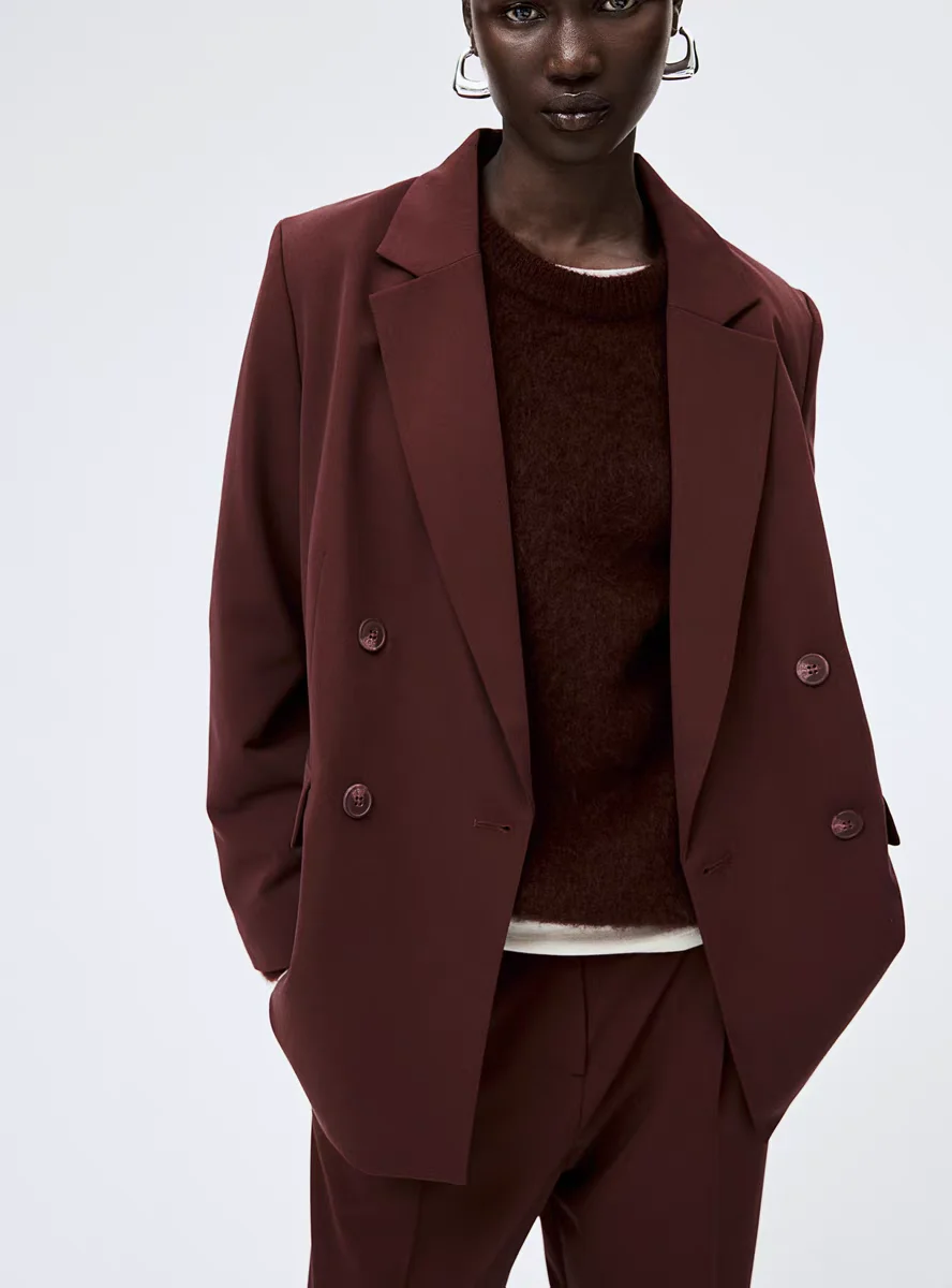 

Faionable Commute Sle Women's Suit Simple Double Button Design Quali Material Straight Leg Fibre Fabric Long Sve